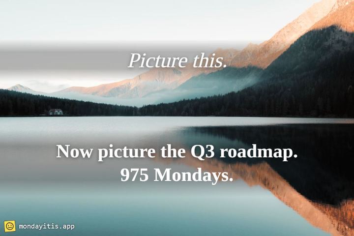 A still mountain lake at dawn, captioned "Picture this. Now picture the Q3 roadmap.", with 975 Mondays printed on it