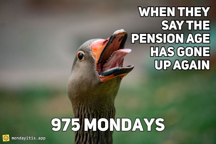 A goose mid-honk under the caption "When they say the pension age has gone up again", with 975 Mondays printed below